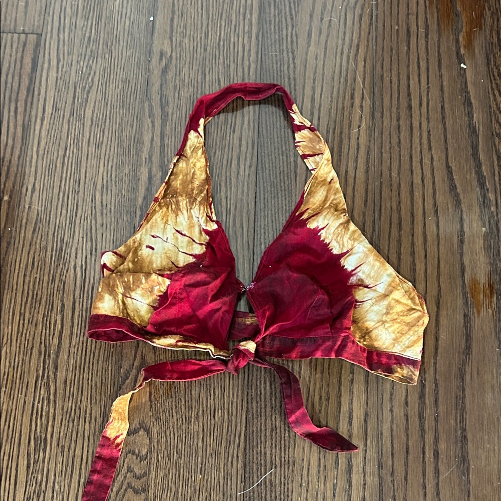 Tie-Front Halter Bikini Top in Red and  gold Vtg 70s hippie top XS